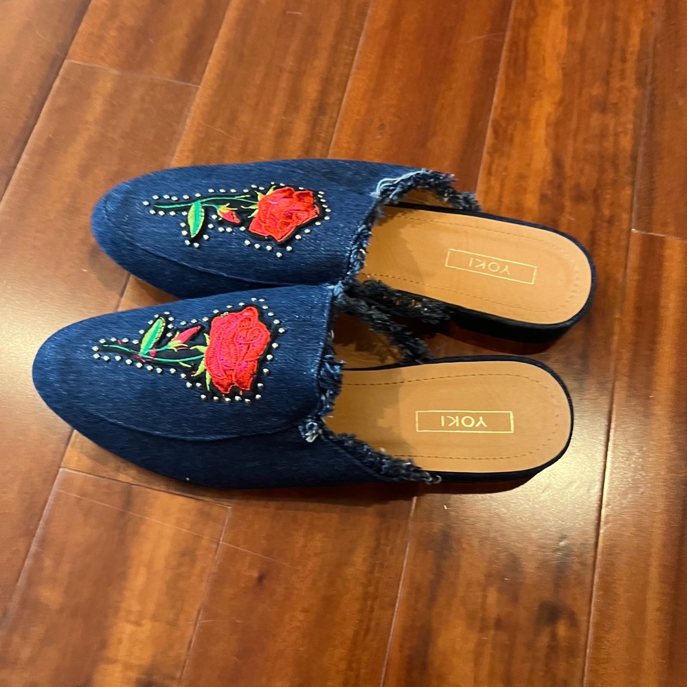 Denim Mule Shoes Rose Embroidered Studs Yoki Willas-71 Dark Blue New Size 9 - Picture 7 of 9